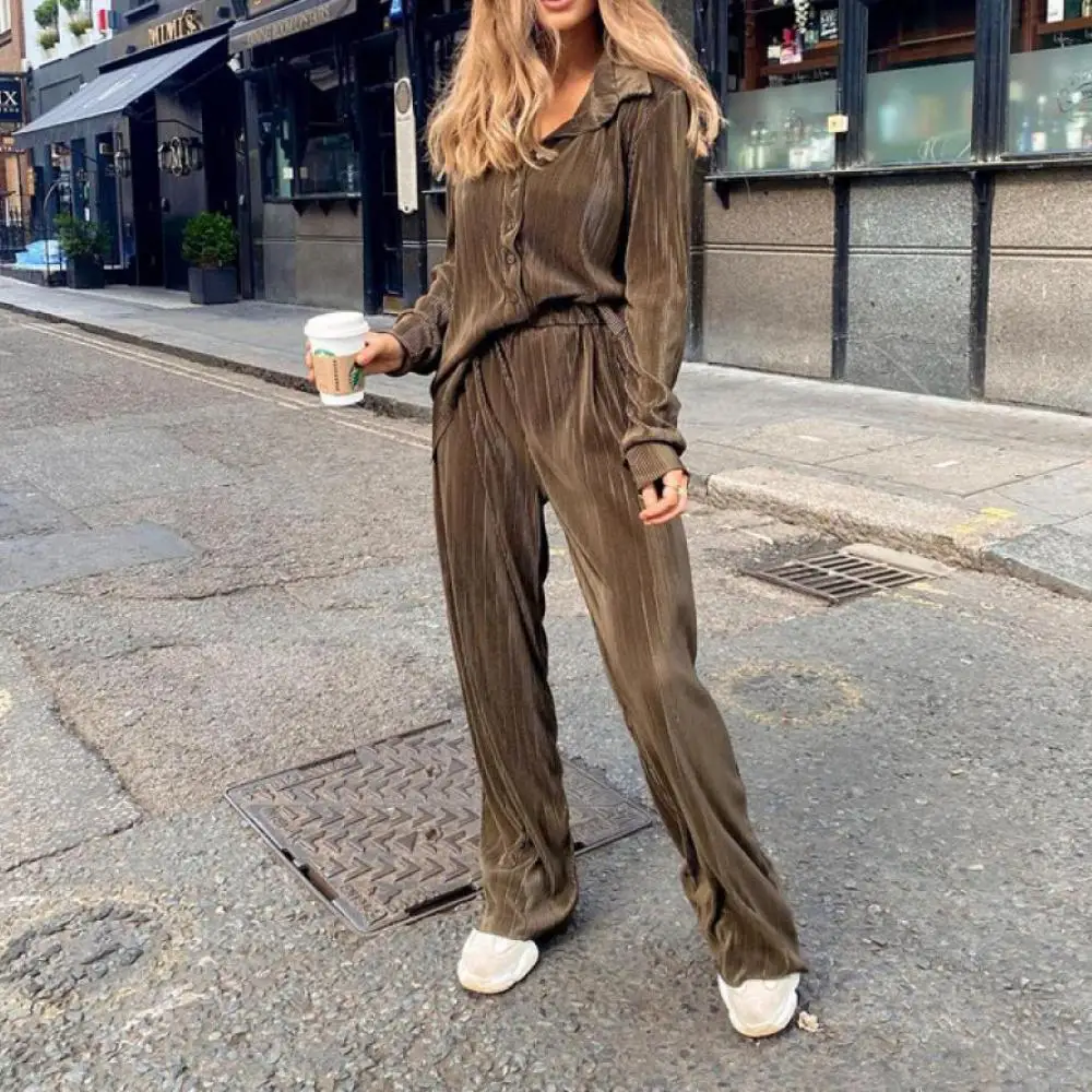 

Brown High Waist Pant Suits Casual Loose Shirts Pants Set Elegant Fashion Pleated Wide Trouser Suits Woman Homewear Pajamas