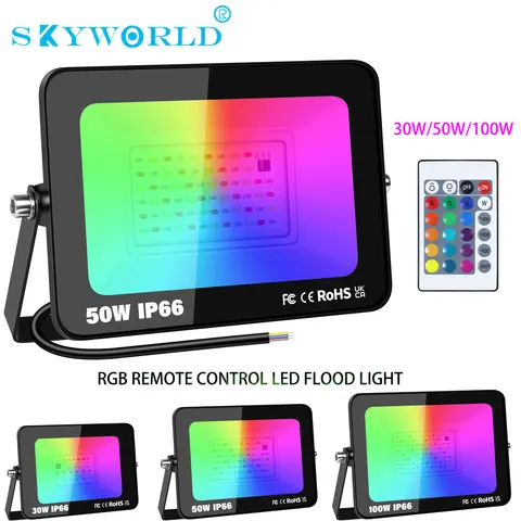 SKYWORLD 30W/50W/100W RGB luces de inundación LED con Control remoto, reflector LED de colores para interiores y exteriores iluminación de escenario para jardín