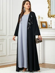 2024 nuovo arabo saudita Casual sciolto nero floreale perline drappeggiato Kimono aperto Abaya Jalabiyat marocchino turco Borka abbigliamento donna