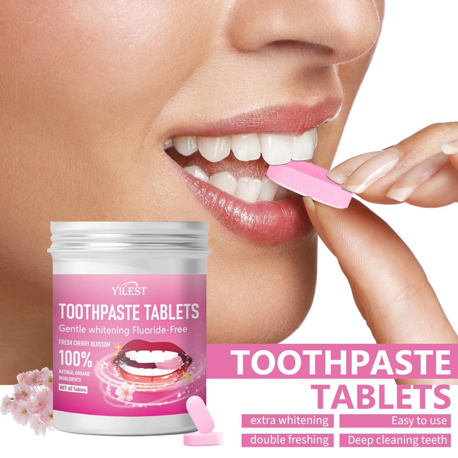 

60pcs/box Toothpaste Tablets,Mint/Orange/Cherry Blossom Flavors Remove Smoke Stains Improve Bad Breath Solid Toothpaste Tablet