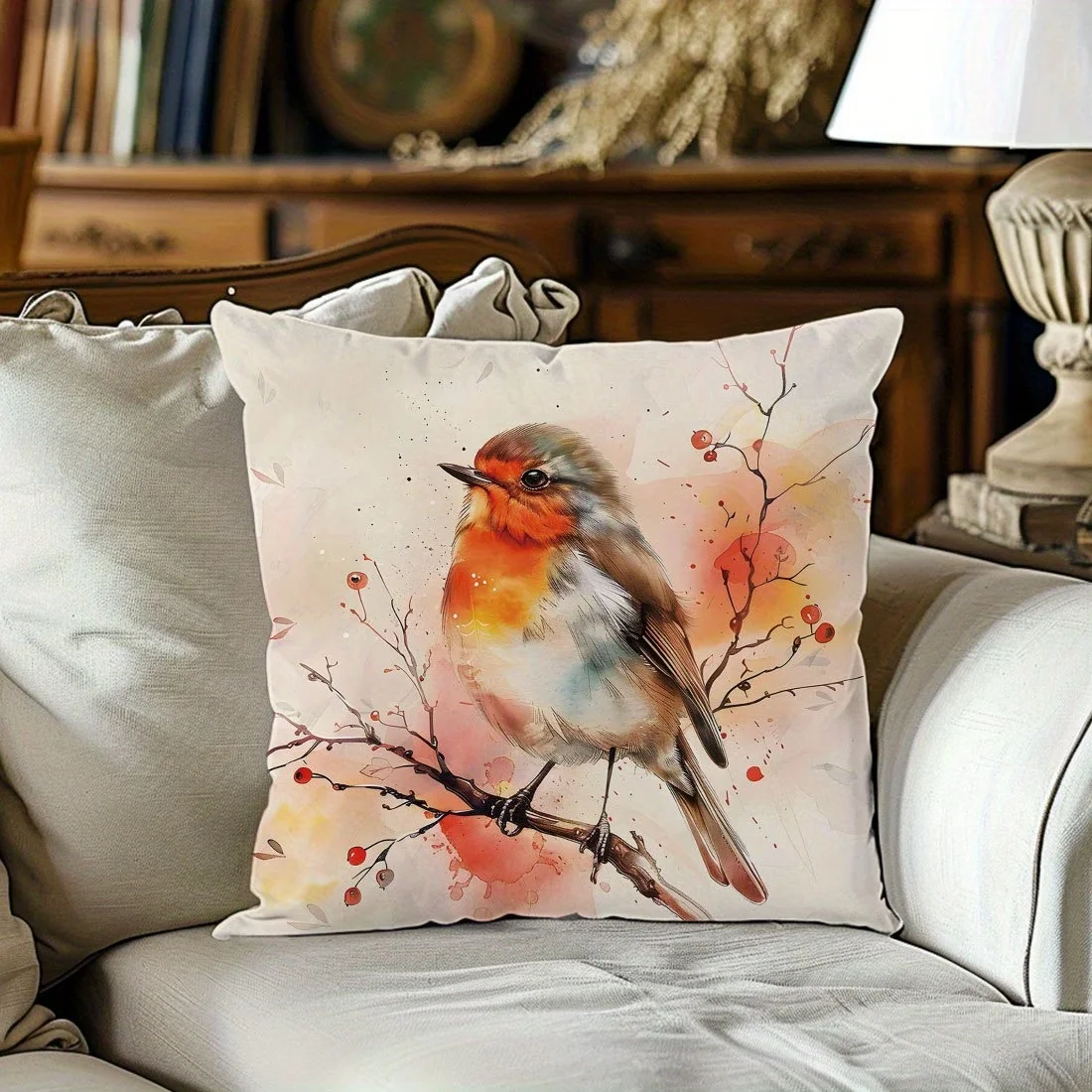 1PC Throw Pillow Cover,Bird Plum Blossom Branch Print,Watercolor Chinese Style,For Sofa Bedroom Couch Home Decor