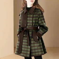 Retro Plaid Wool Coat Female Autumn Winter 2023 New Age-Reducing Brown Green Patchwork Receiving Waist Double-Sided Tweed Coat X