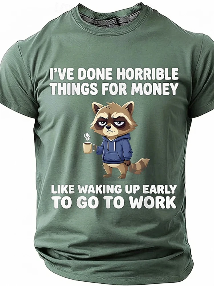 Men's Short-Sleeve T-Shirt With Fun Raccoon Print And Hilarious Slogans For Office Workers—Casual Men's Streetwear T-Shirt