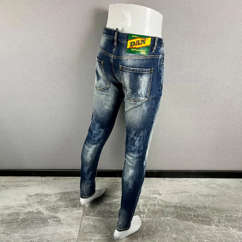 High Street Fashion Men\'s Jeans Retro Blue Elastic Slimming Ripple Painted Jeans Men\'s Splicing Designer Hip Hop Brand Pants Hom