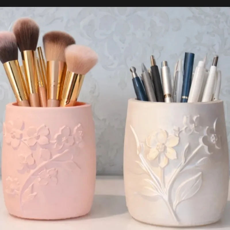 3D Printed Embossed Flower Pen Makeup Brush Holder,Plastic Floral‑Pattern Desktop,Multifunctional Cosmetic Stationery Organizer