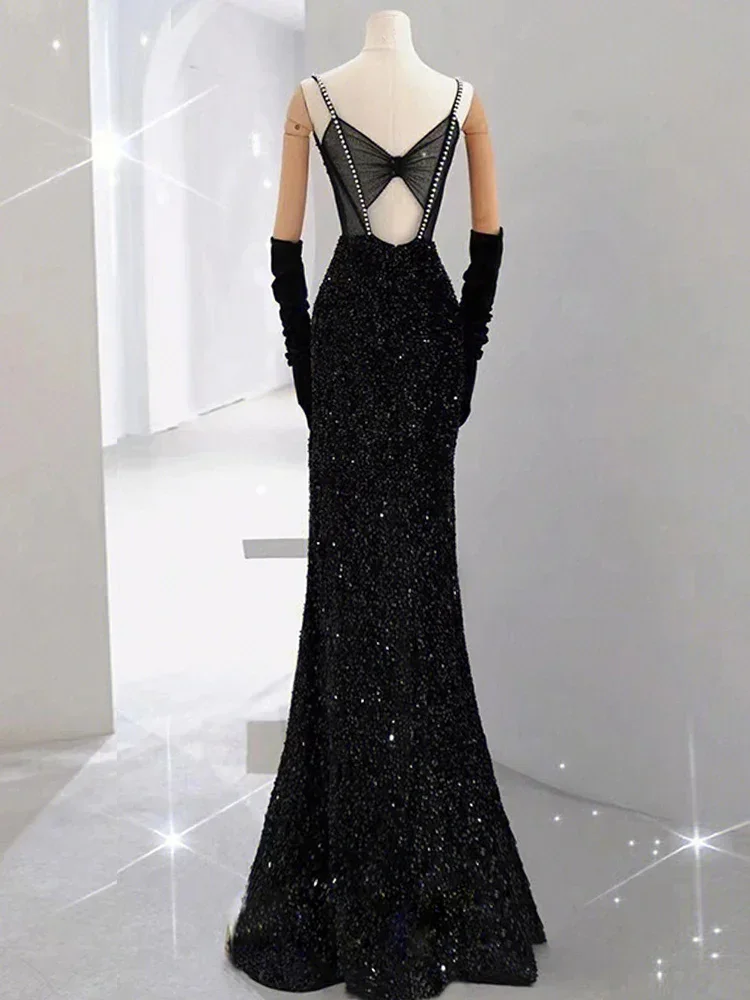 SSYFashion New Black Mermaid Evening Dress Sexy Slim Sequins Beading Glittering Fishtail Prom Party Gowns Vestidos De Fiesta