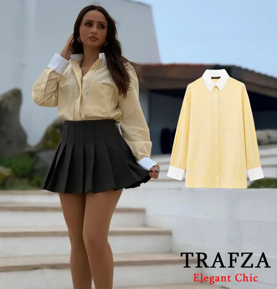 TRAFZA Women Casual Butter Yellow Shirt Striped Lapel Buttons Loose Shirt New 2025 Spring Holidays High Street Versatile Shirts