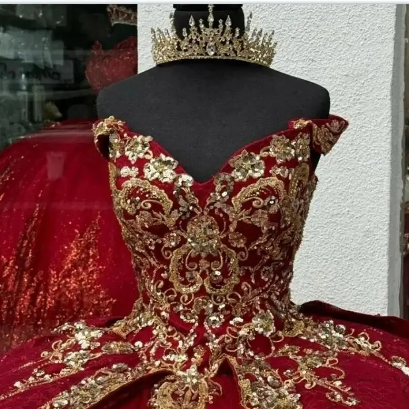 Customized Red Glittering Burgundy Quinceanera Dresses Gold Beading Lace Appliques Vestidos De 15 Anos Birthday Party