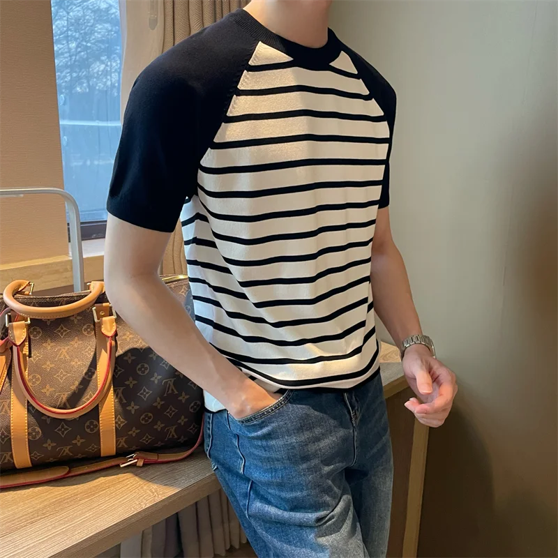 Korean Trend Summer Color Striped Men\'s Round Neck Short Sleeve T-shirt Fashion Loose Casual Versatile Knitted Pullover Top 2024