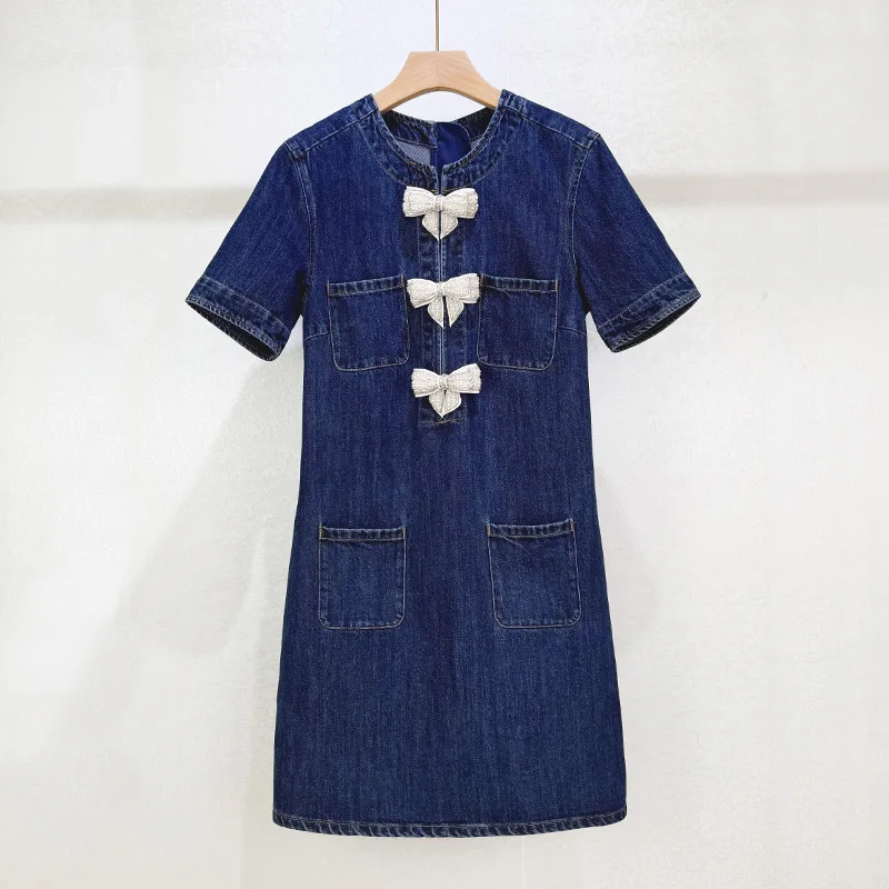 

Women Spring Summer Fashion Sweet Wash Jeans Blue Short Dress Pearl Bow Short Sleeve Small Fragrance French A-line Dress
