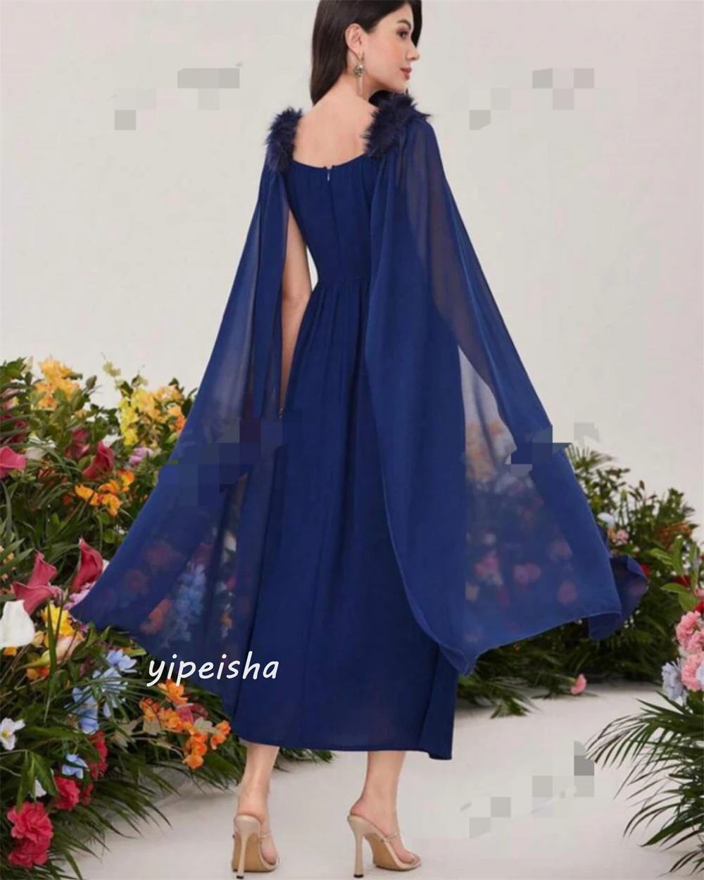 Customized  Chiffon Applique Draped Feather Celebrity A-line Square Collar Bespoke Occasion Gown Midi Dresses