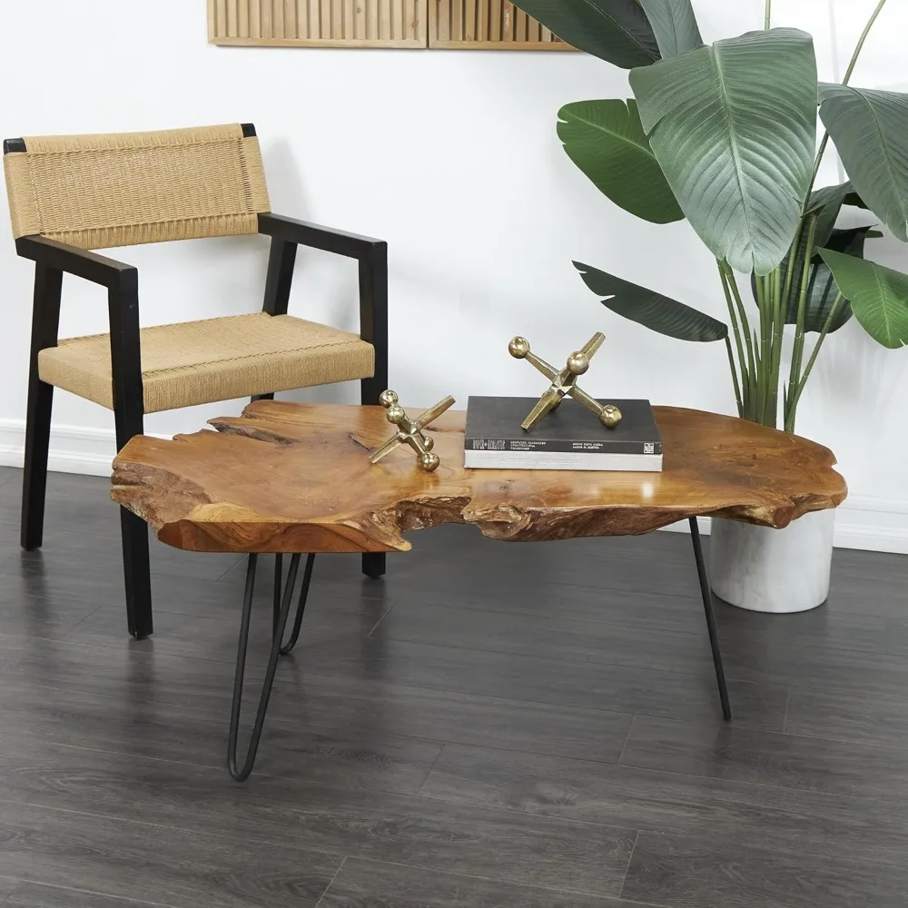 Handcrafted Teak Live Edge Coffee Table with Black Hairpin Legs, 43 x 24 x 17, Brown