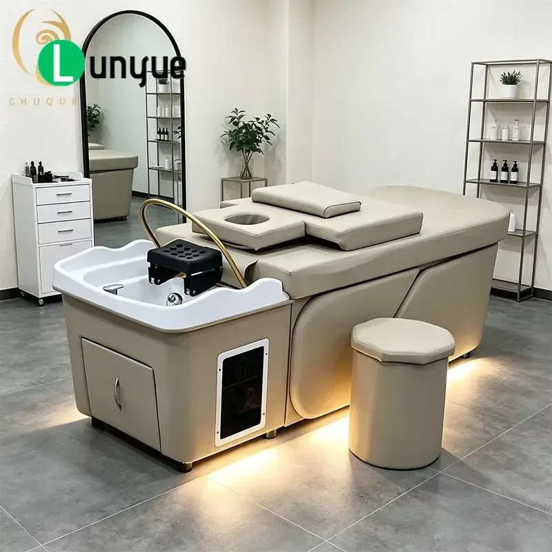 Modern Adjustable Leather Shampoo Bed with Built-in Headrest Stainless Steel Frame Furniture for Hair Washing Beauty