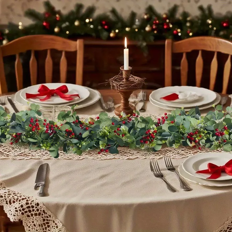 4 Stück/Set 180CM Künstliche Weihnachts-Eukalyptusranke mit roten Früchten, Heimdekoration, Party, Hochzeit, Tischdekoration, Eukalyptusblätter-Ranke – Detail 3