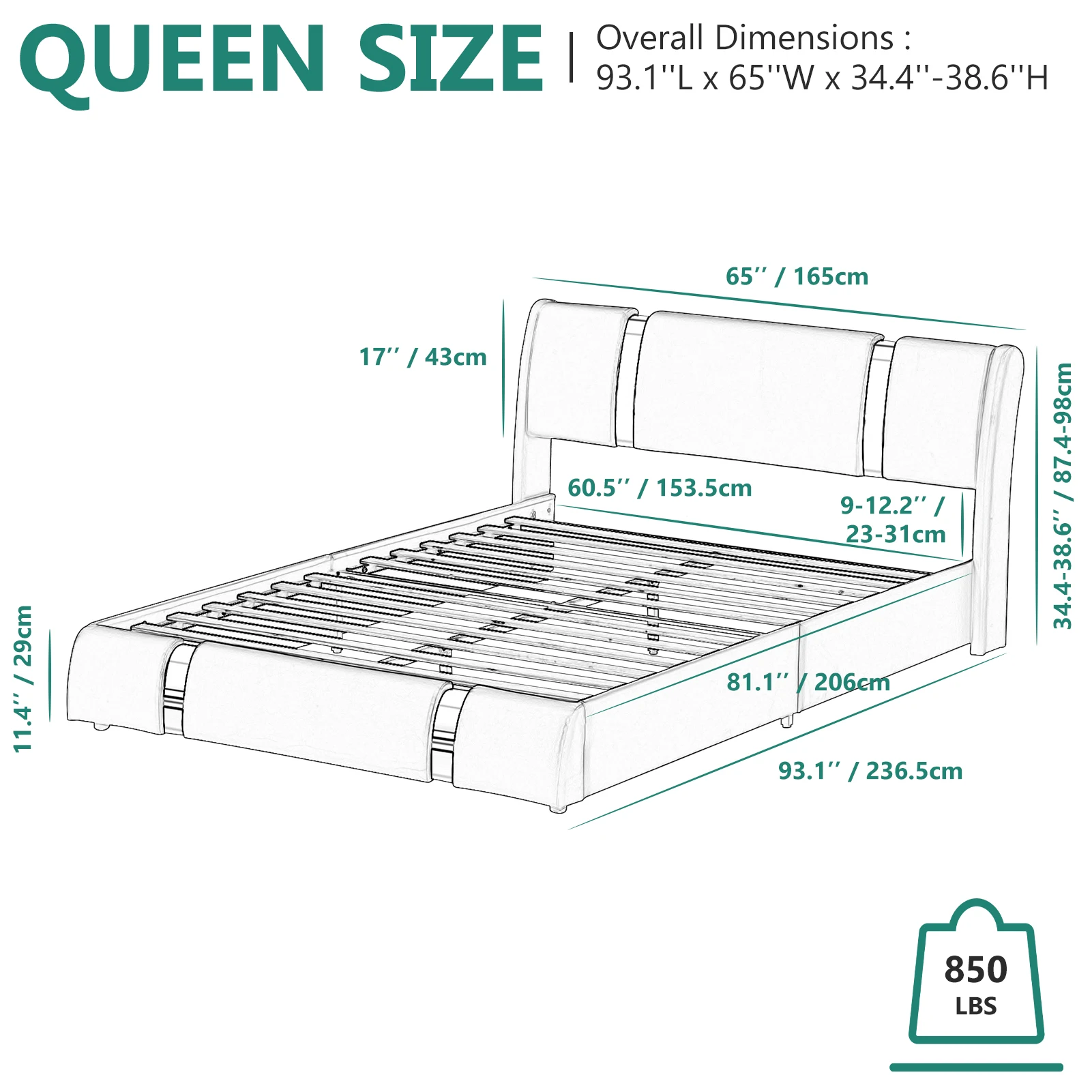 Queen-/Full-LED-Bettgestell mit verstellbarem Kopfteil, moderner gepolsterter Bettrahmen mit Kunstleder und Metalldekoration