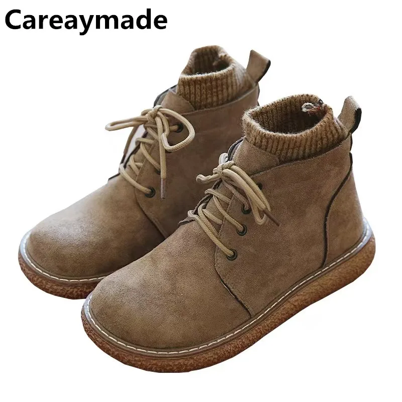 Careaymade-Art RETRO old wool mouth round head lace up thick soled big toe shoes comfortable and versatile female short boots