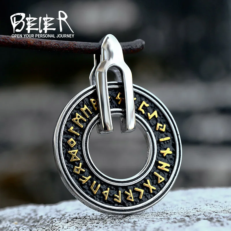 Beier 316L Stainless Steel Nordic Amulet Necklace Round Pendant Viking Rune Pirate Men\'s Pendant High Quality Jewelry LLBP8-105P