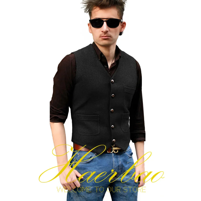 Dark Green Men's Suit Vest V-neck Single Breasted Formal Wedding Herringbone Vest for Men Waistcoat colete masculino