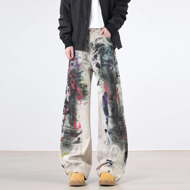 Fashion Splicing Graffiti Jeans New Autumn Winter American Street Loose Wide Leg Denim Trousers Concert Hip Hop Versatile Pants