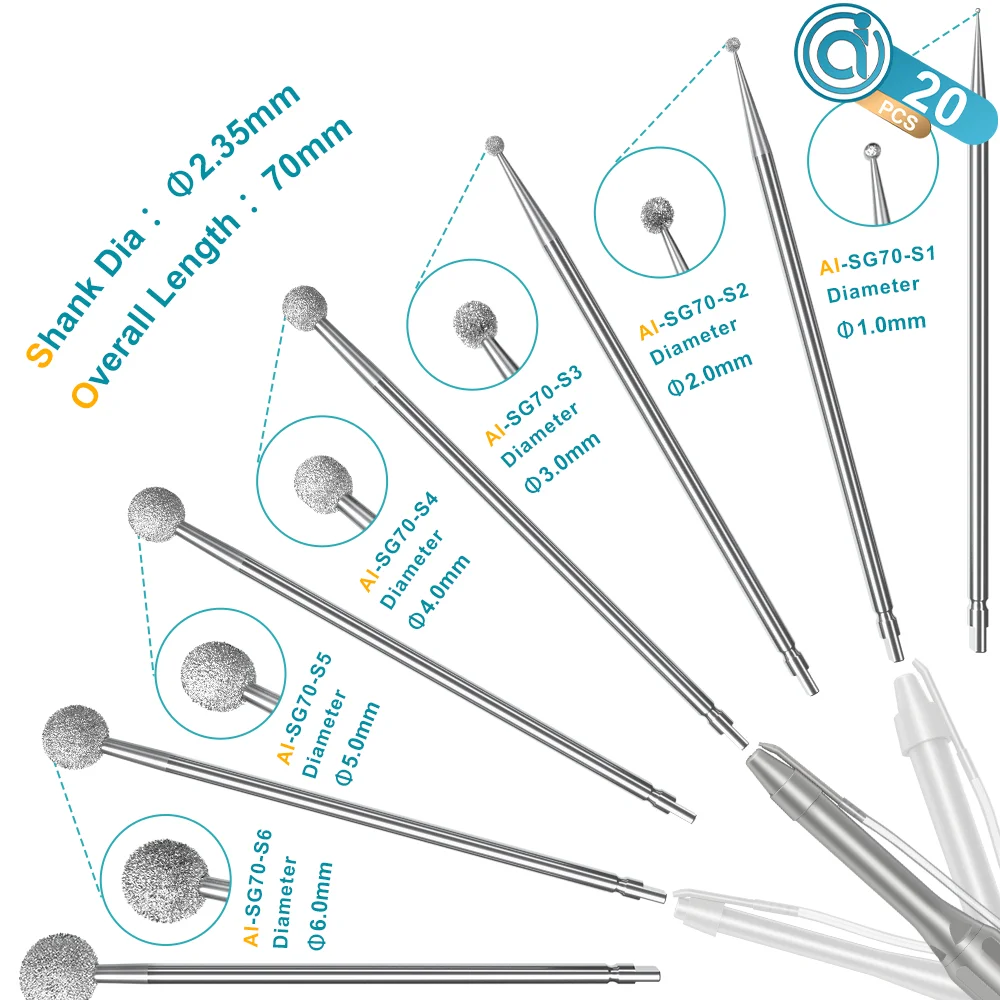 20 PCS AI-SG70 Dental CA Diamond Burs 70mm Length Dia 2.35mm Ball Shape Strawberries Drills for Implant Surgical Handpiece