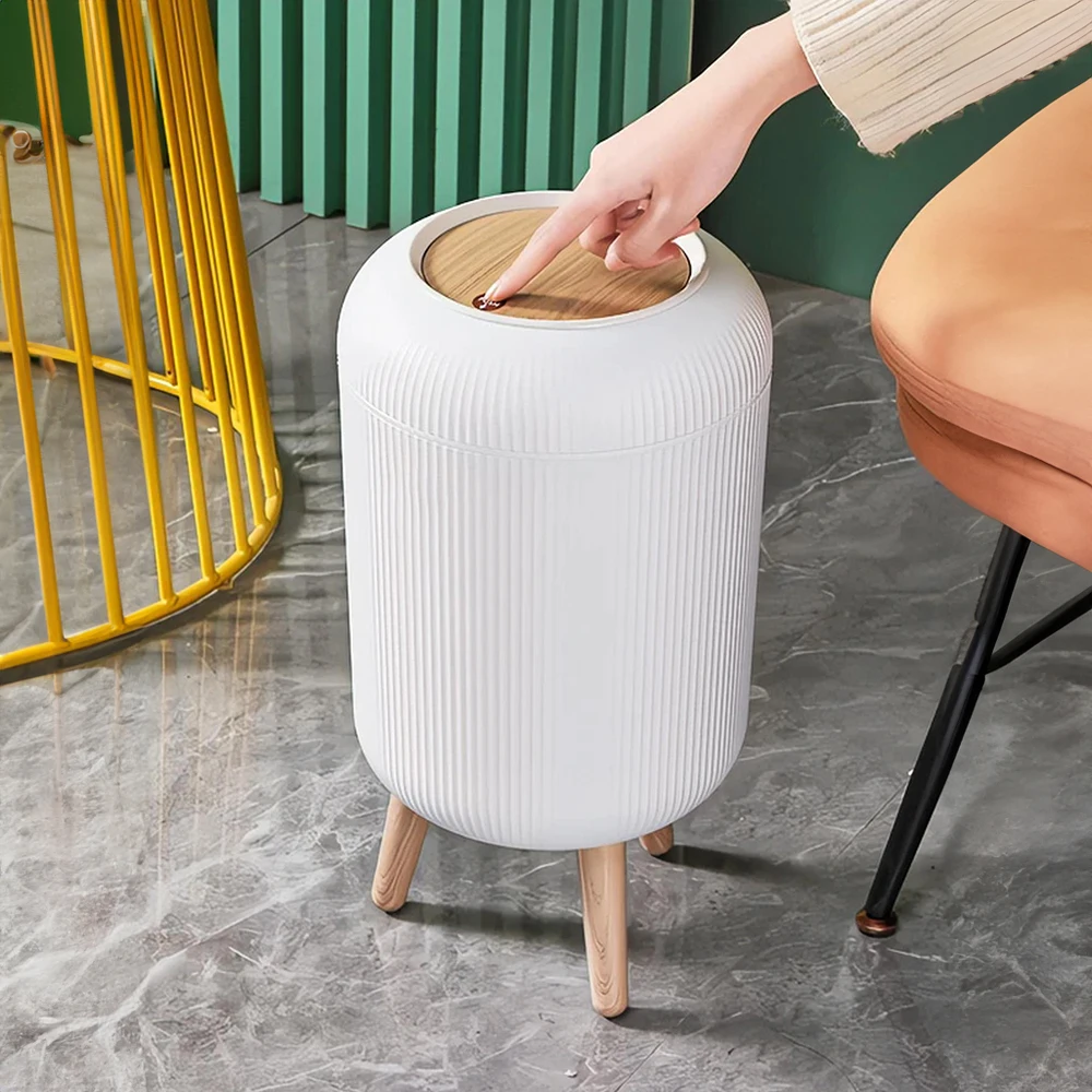 High Foot Large Capacity Trash Can Home Light Luxury Press Elastic Cap Type Creative Round Wood Grain Trash Can