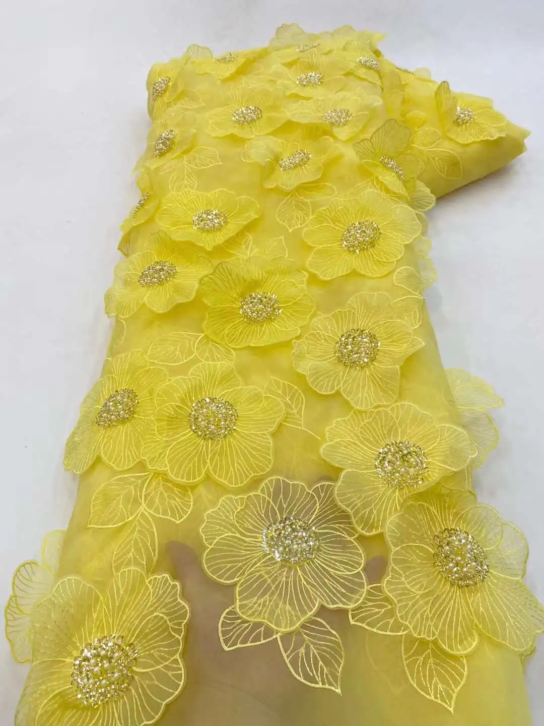 Vestido de novia bordado de flores 3D, tela de encaje con cuentas de flores de Bule, encaje francés dorado, lentejuelas de tul para coser XZ450KU