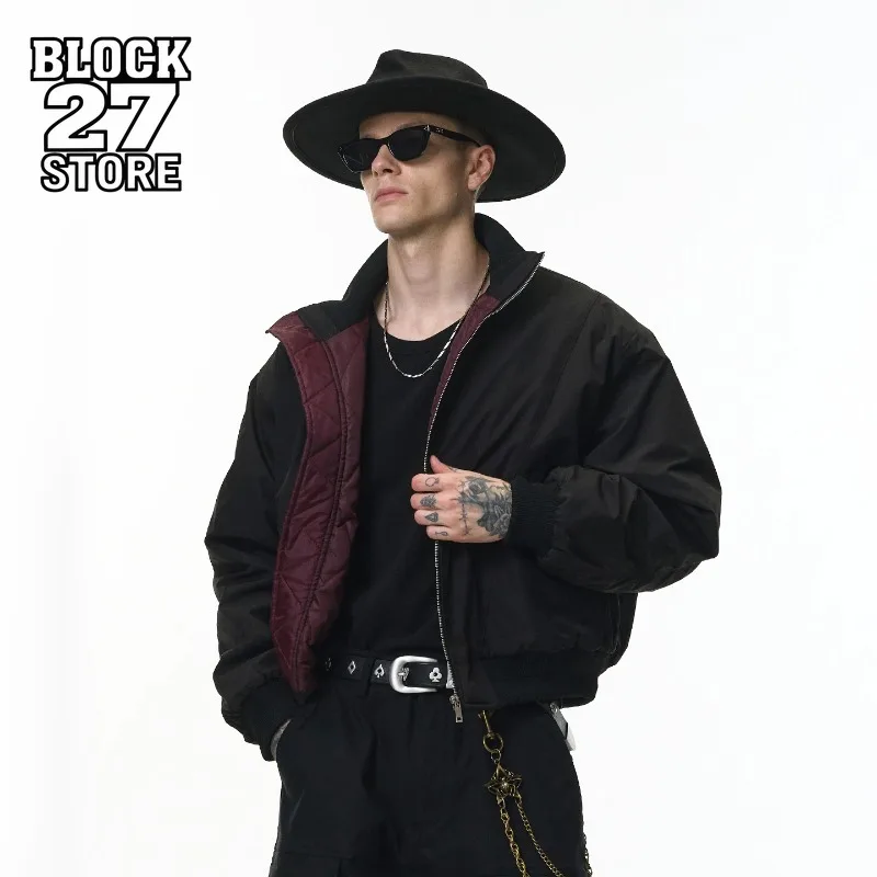 

Harajuku Men Stand Collar Bomber Jacket Autumn Winter Streetwear Deconstructed Design Padded Coat Casual Warm Fashion Outerwear