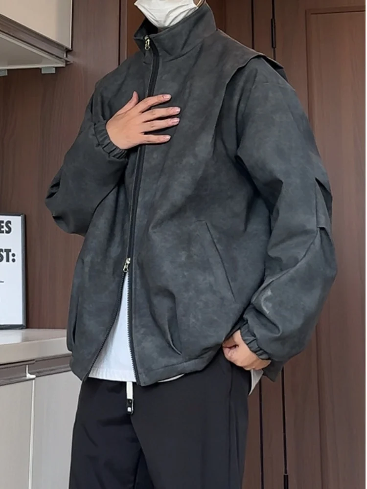 

American Sle Men's Biker Jaet PU Leather Coat Spring Autumn Stand Collar Thiened Long Sve Zipper Closure Color