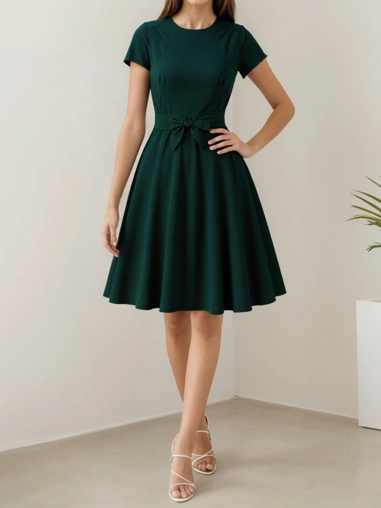 2025 New Hepburn Retro Women's Round Neck Short Sleeve Dress 1950s Vintage Elegant Solid Color Summer Empire Waist Maxi Dresses