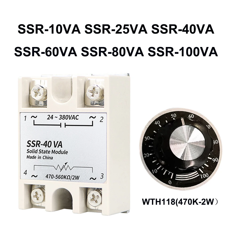 SSR-10VA SSR-25VA SSR-80VA SSR Solid State Relay Voltage Regulator AC24-380V Output+Potentiometer 470K-2W for PID Temperature