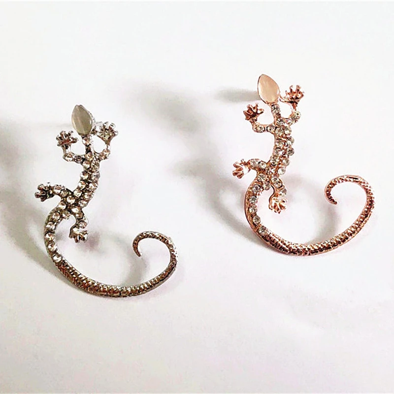 New Fashion Rhinestone Ear Cuff Earring luxury Rose Gold Color Exaggerated Gecko Lizards Earrings Elegant Metal Cat Ear Clip