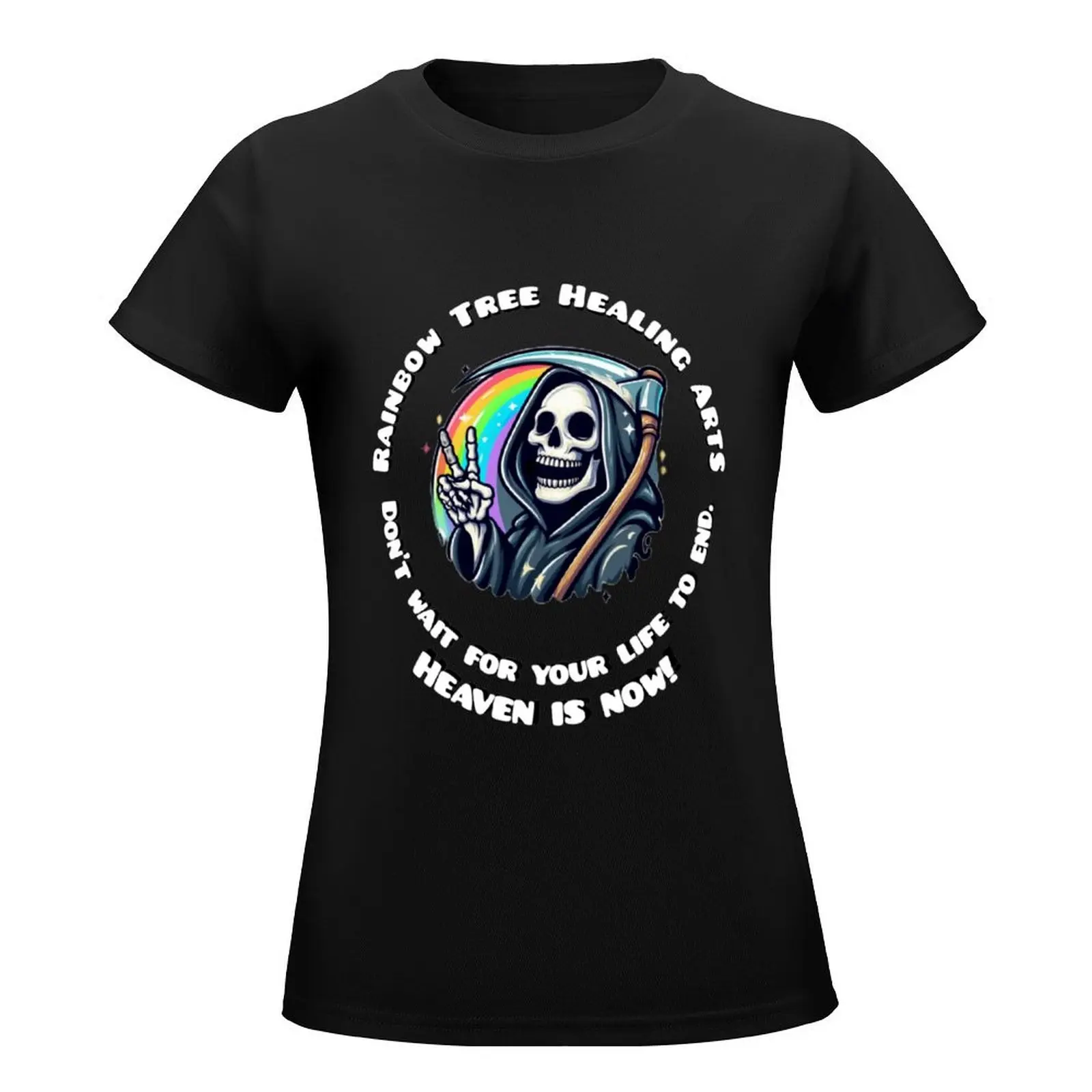 Rainbow Tree Healing Arts Heaven is Now Reaper Logo T-Shirt animal prinfor hippie clothes black t-shirts for Women