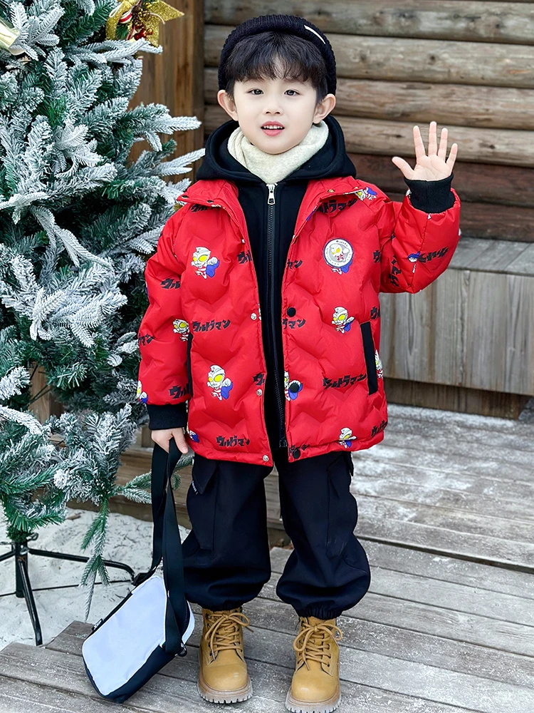 

Ultraman Thiened Cotton Jaet for Boys Baby Red Festive Fake Two-Piece Warmth Youth Casual Long Sve Hooded Zipper