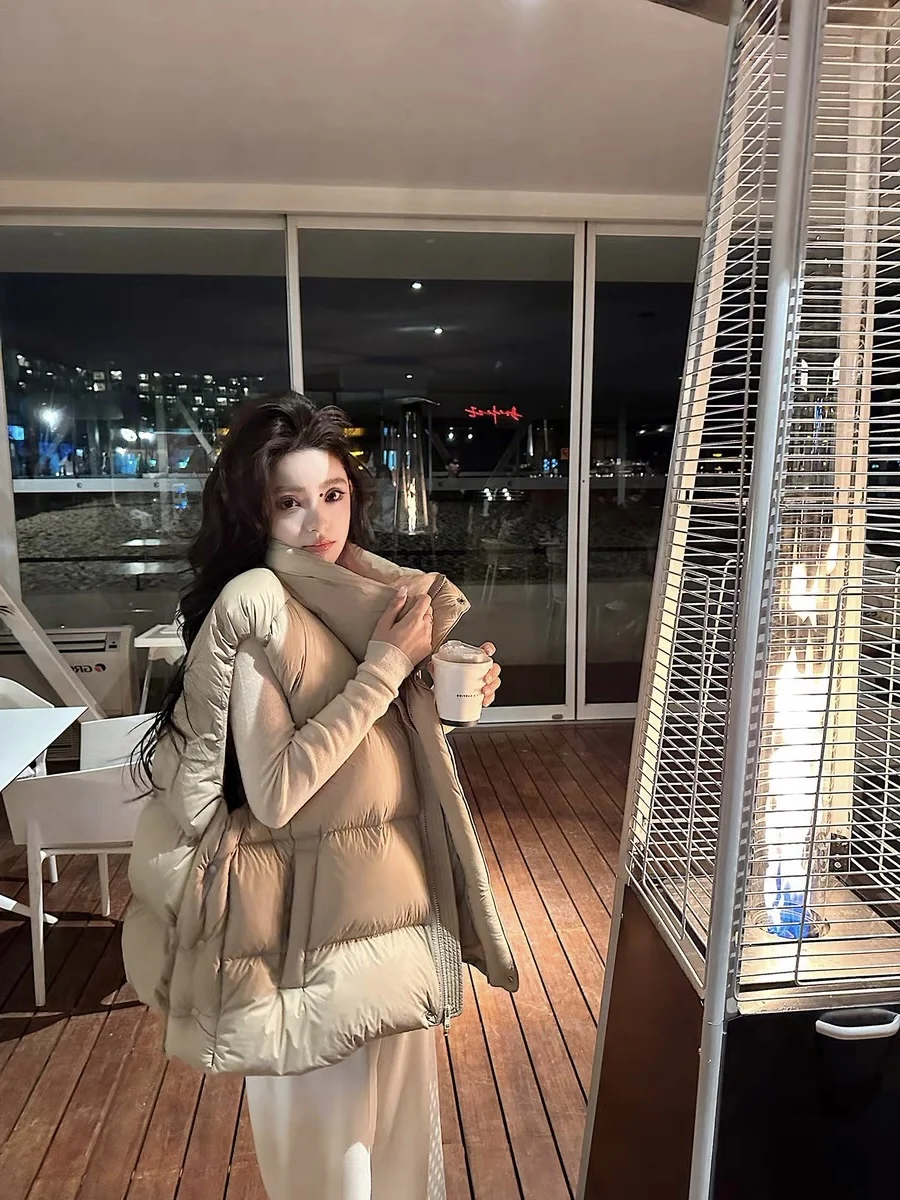 

Легкий теплый пуховый жилет свободного кроя с воротником-стойкой, комбинированный, из одной ткани, утепленный, женская модная куртка