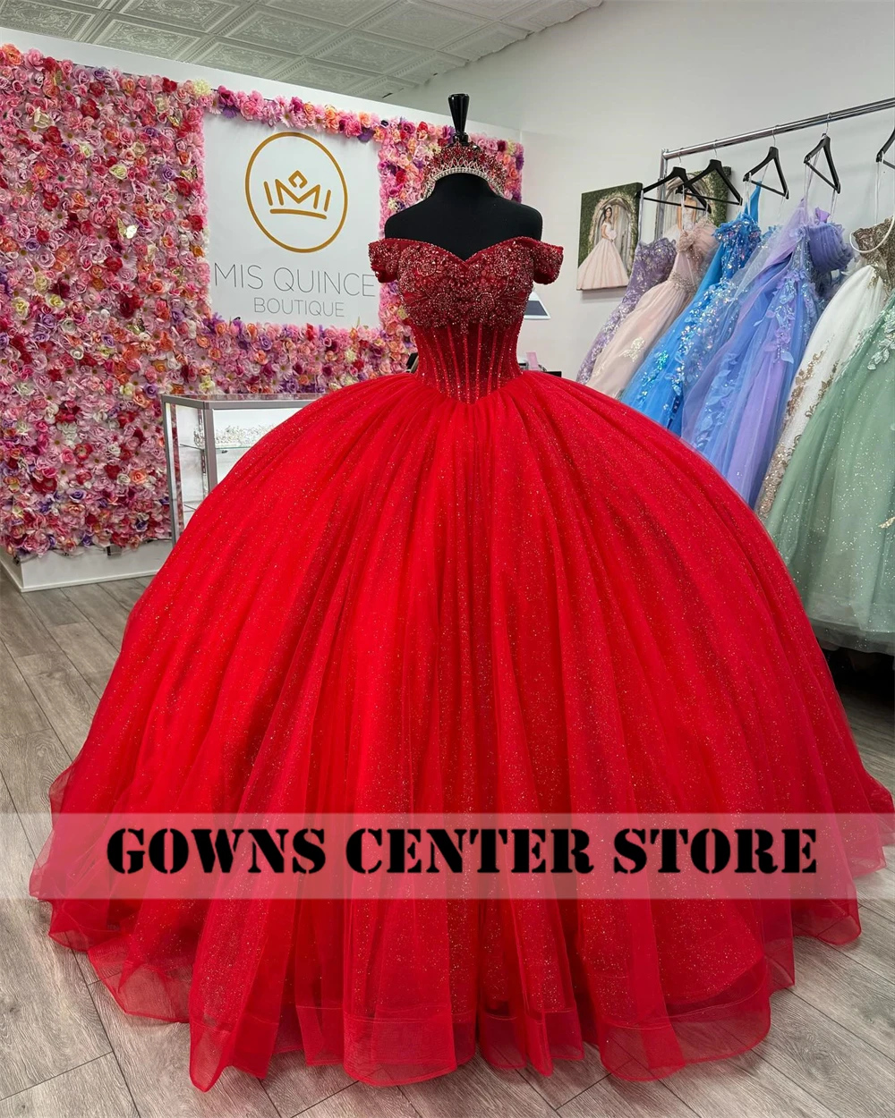 México vermelho frisado strass quinceanera vestido 2024 vestido de baile fora do ombro brilhante cinderela espartilho vestidos personalizados