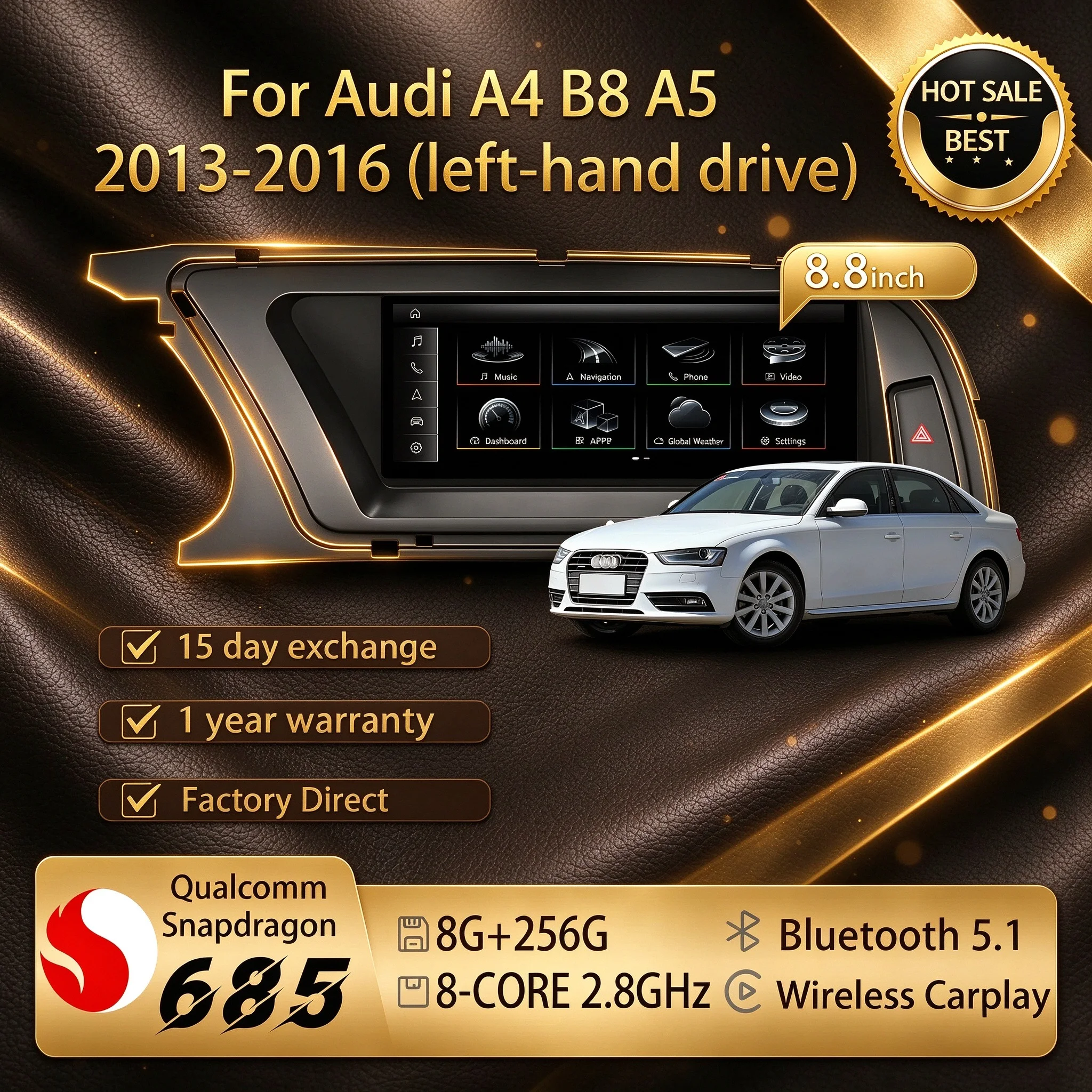 8.8'' Right Hand Drive Android 14 Car Radio Multimedia GPS with Carplay BT Split Screen for Audi A4 B8 A5 2013-2016 Snapdragon 6