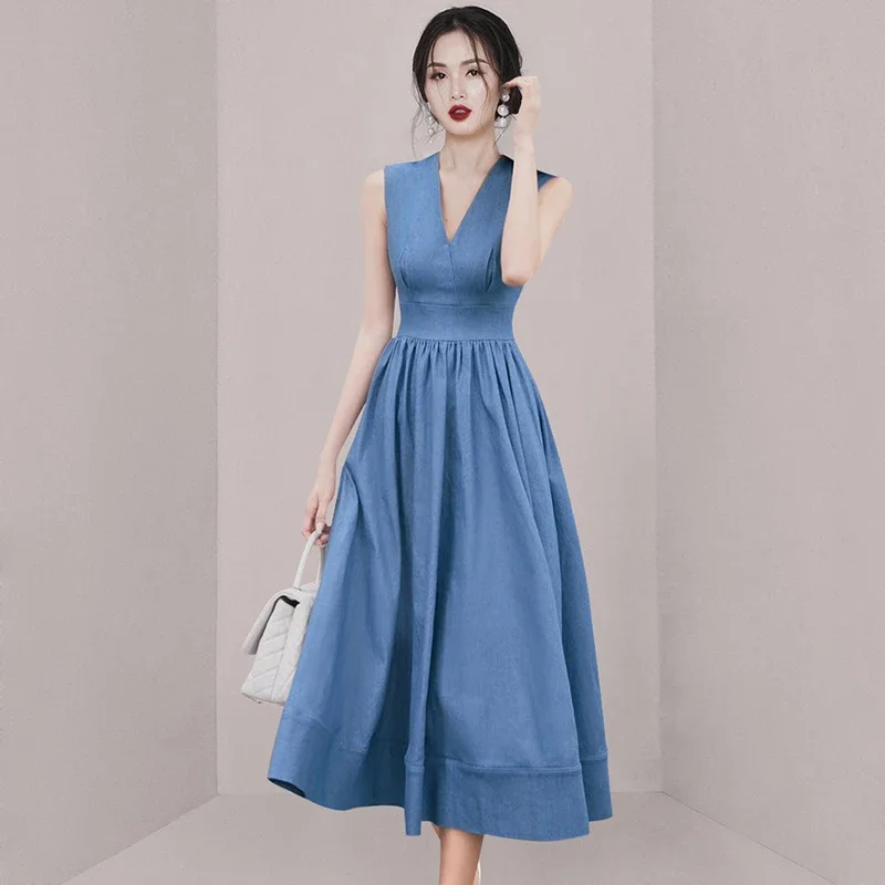 Ofallsis Fashion High End Light Luxury Denim Blue Dress 2023 Summer New Vintage French V neck Sleeveless Long Dresses Female