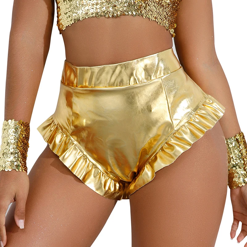 

Женские сексуальные шорты из искусственной кожи с рюшами, металлические шорты с высокой талией, шорты, блестящие облегающие клубные танцевальные шорты, праздничные штаны
