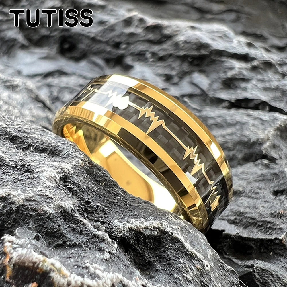 TUTISS 8mm Gold Tungsten Ring for Men Women Engagement Wedding Band Heartbeat Black Carbon Fiber Inlay Beveled Edges