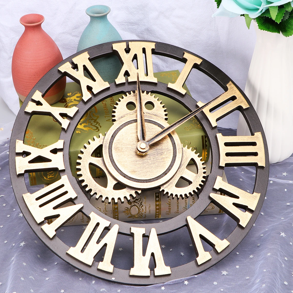 

Industrial Gear Clock Wall Unique Clocks Calendar Vintage Wooden with Visible Gears Work