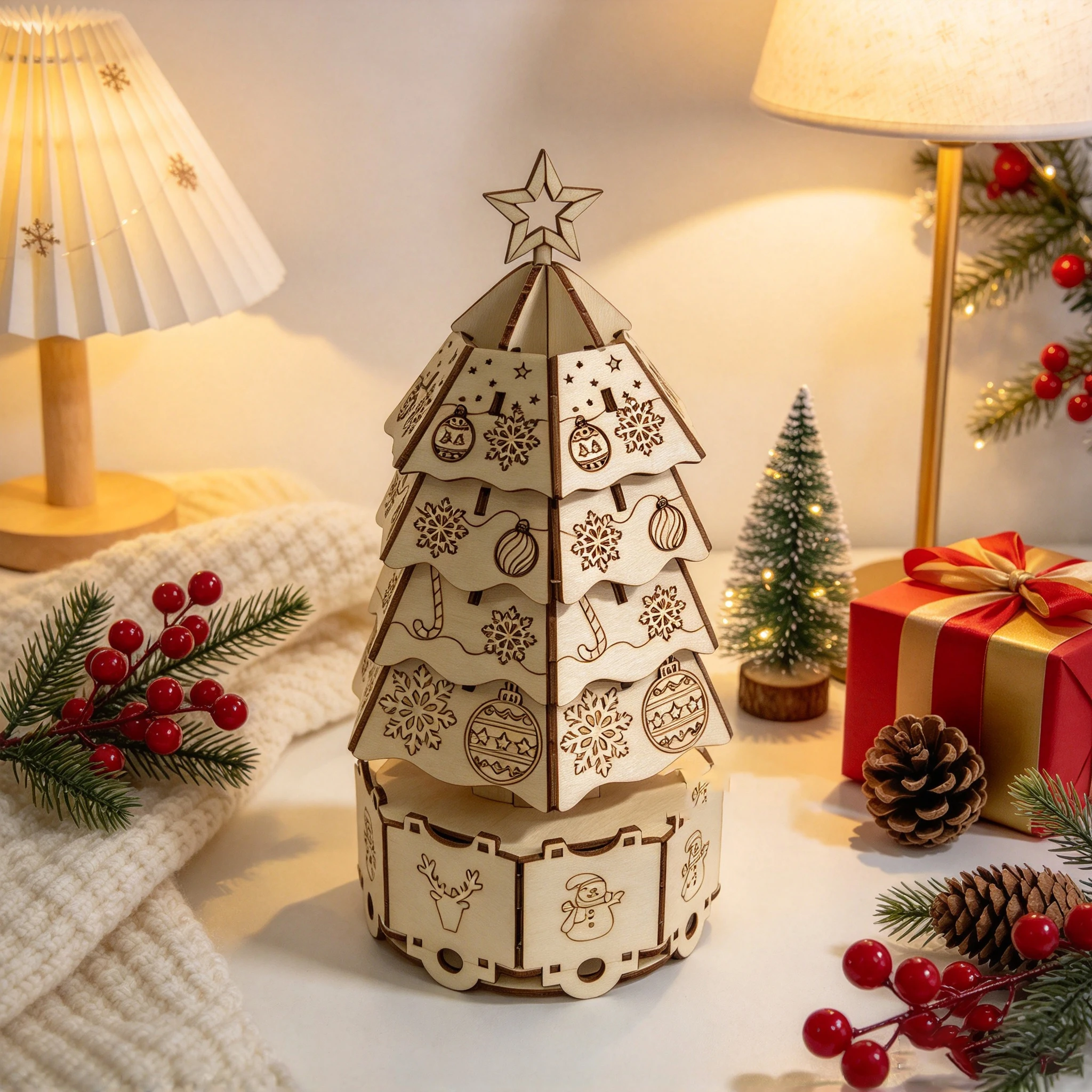 Music Box Wooden 3D Puzzle Rotating - 3D Wooden Puzzle Rotating Christmas Tree