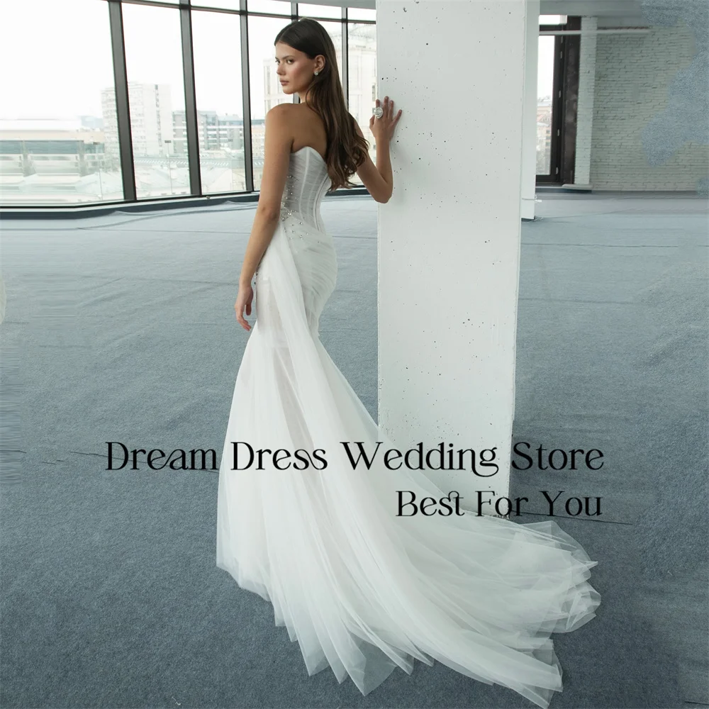 DREAM Pleat Mermaid Wedding Dresses Women 2025 Rhinestone Boat-Neck Open Back Tulle Bridal Gown Vestidos De Novia Customized