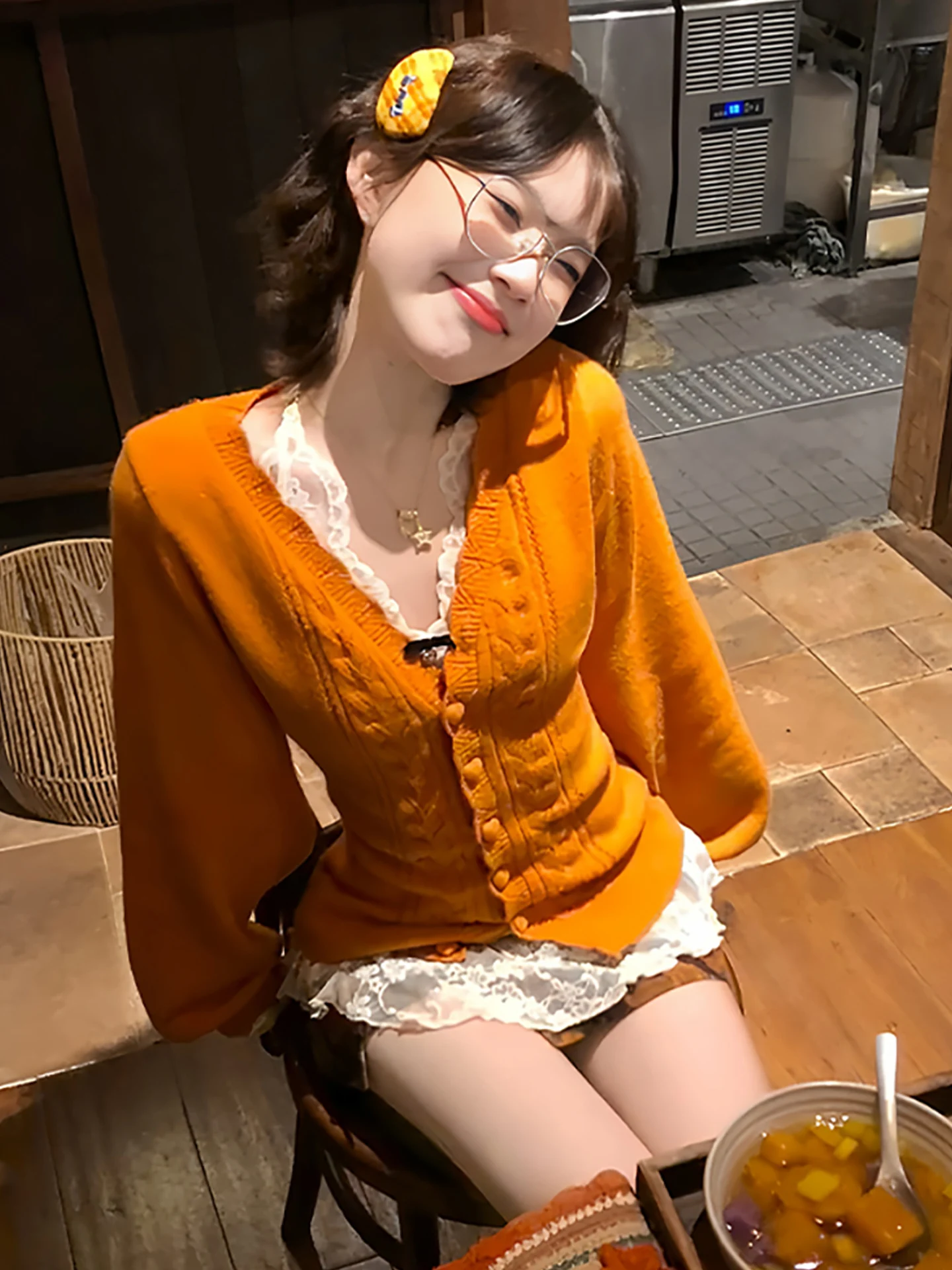 

Retro Korean Knitted V-Ne Open Cardigan Women's Autumn Winter Slimming Outerwear Sweater Orange Heart Bule Top