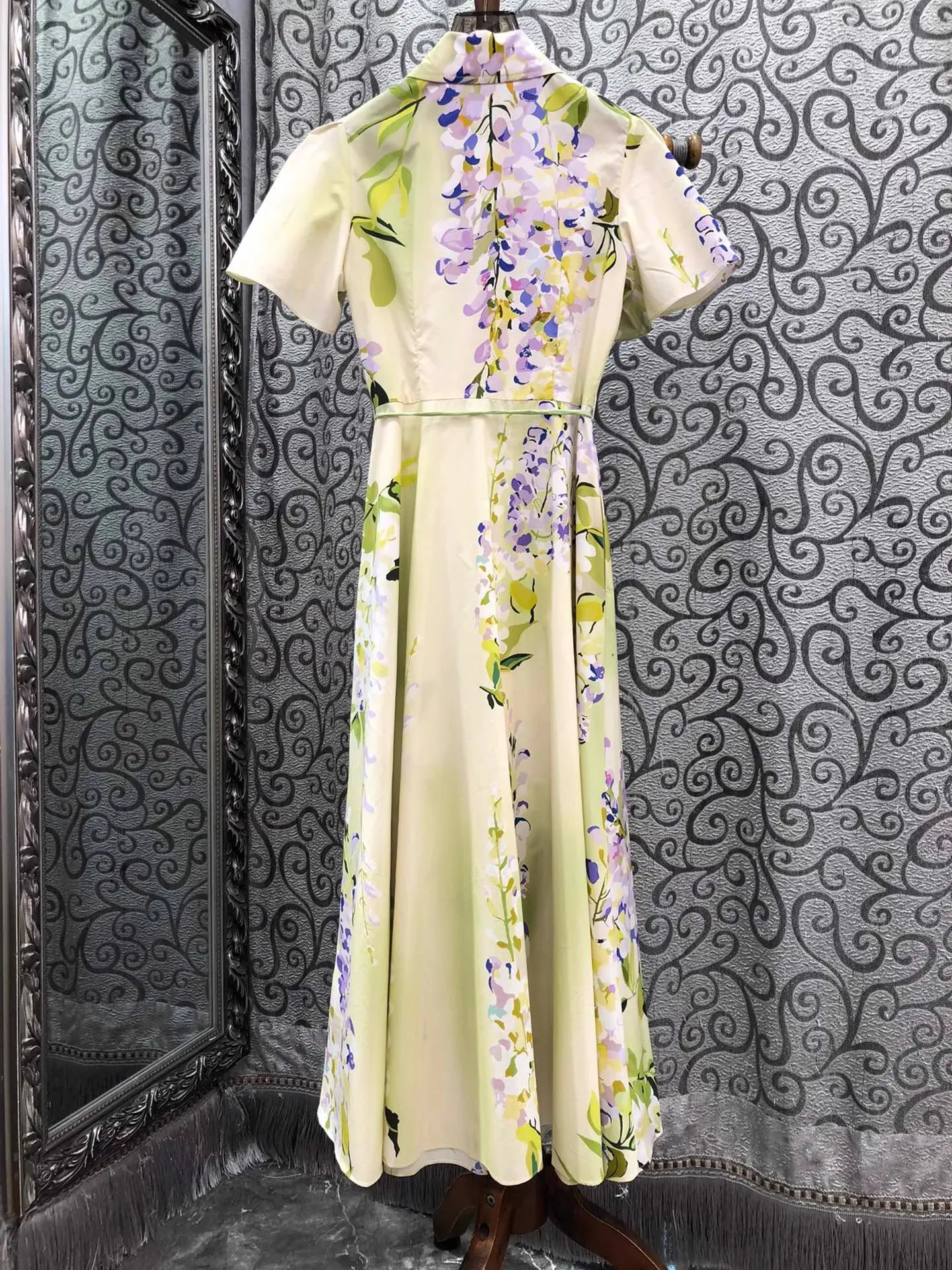 100% 면 롱 드레스 2026 봄 여름 여성용 턴다운 칼라 스위트 플로럴 프린트 벨트 장식 반팔 롱 맥시 드레스 럭셔리