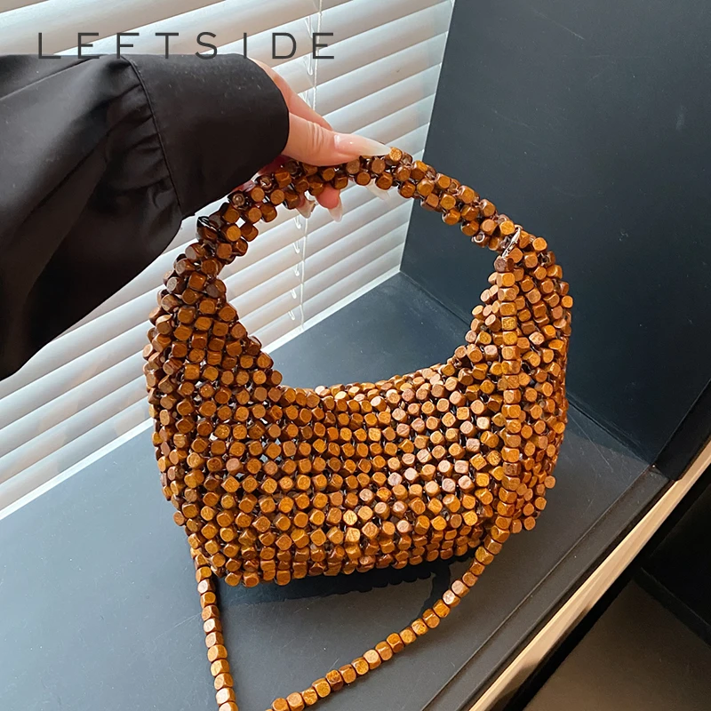 

LEFTSIDE Women's Wood Bead Woven Shoulder Bag Retro Vacation Aesthetic Beach Daily Casual Crossbody Bag 2026 Fashion Handbags