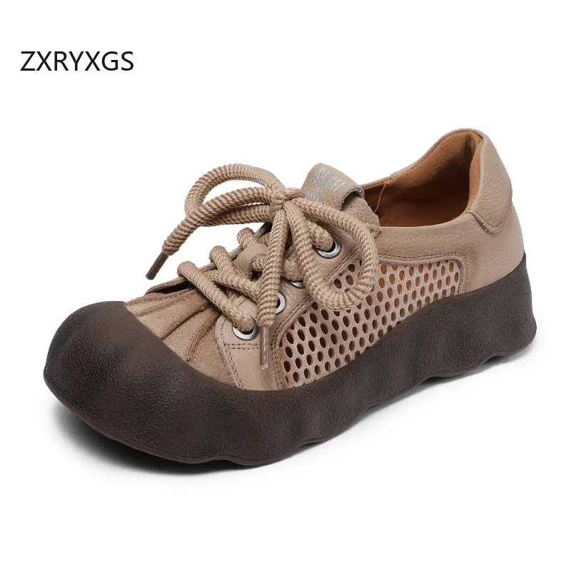 

ZXRYXGS 2025 New Lace-up Top Cowhide Mesh Breathable Sneaker Sandals Platform Elevator Shoes Comfortable Retro Casual Shoes Tide