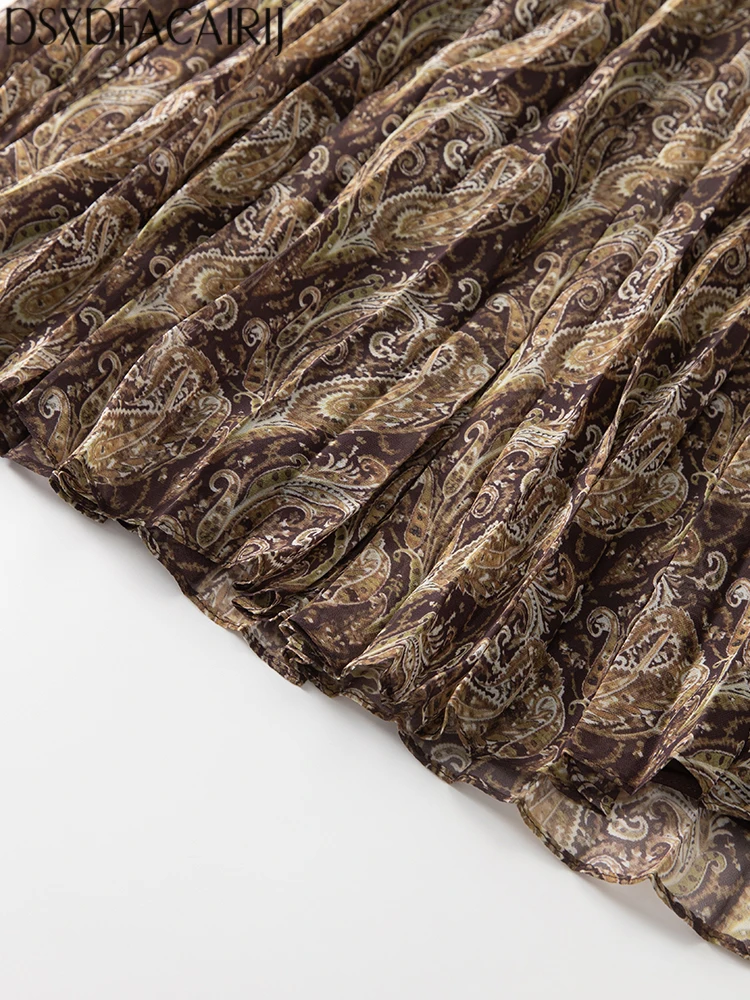 DSXDFACAIRIJ Vintage Print Plissee Kleid frauen V-ausschnitt Langarm Mode Herbst Weibliche Gefaltete Detail