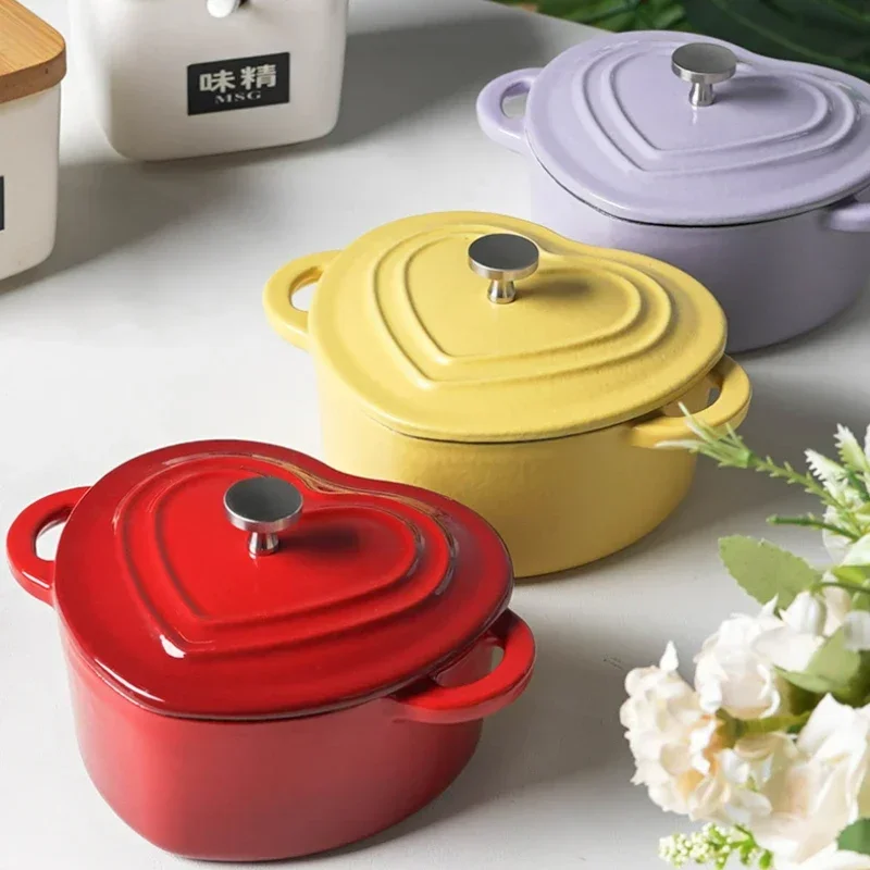 Love Milk Pot Kitchen Uncoated Stew Pot,10cm Heart-shaped Enamelled Cast Iron Pots Household Steamed Egg Non-stick Pot