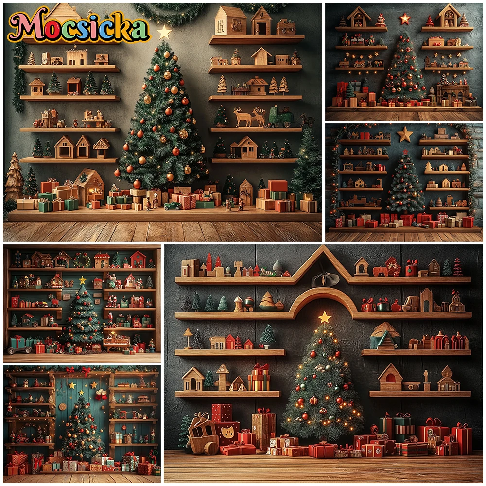 

Mocsicka Merry Christmas Photography Background Home New Year Party Wallpaper Tree Gifts Toy Decoration Festival Backdrop Banner
