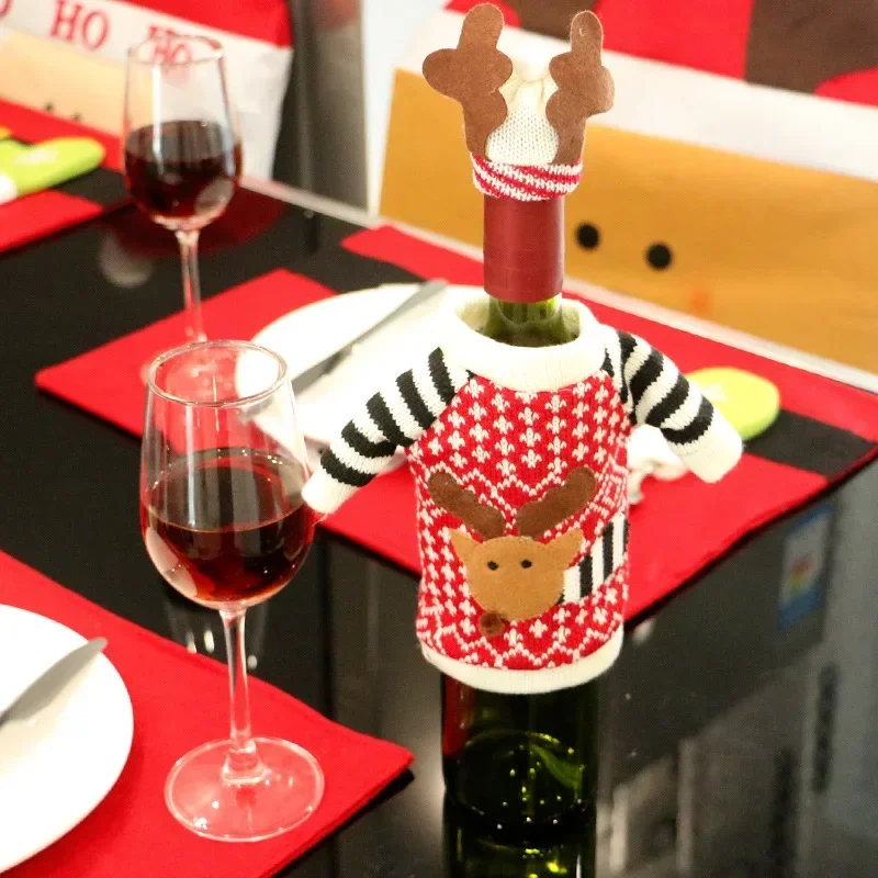 Christmas Wine Bottle Cover Set Santa Claus Snowman Knitted Wool Red Wine Bottle Bags for New Year Xmas Party Dinner Table Decor